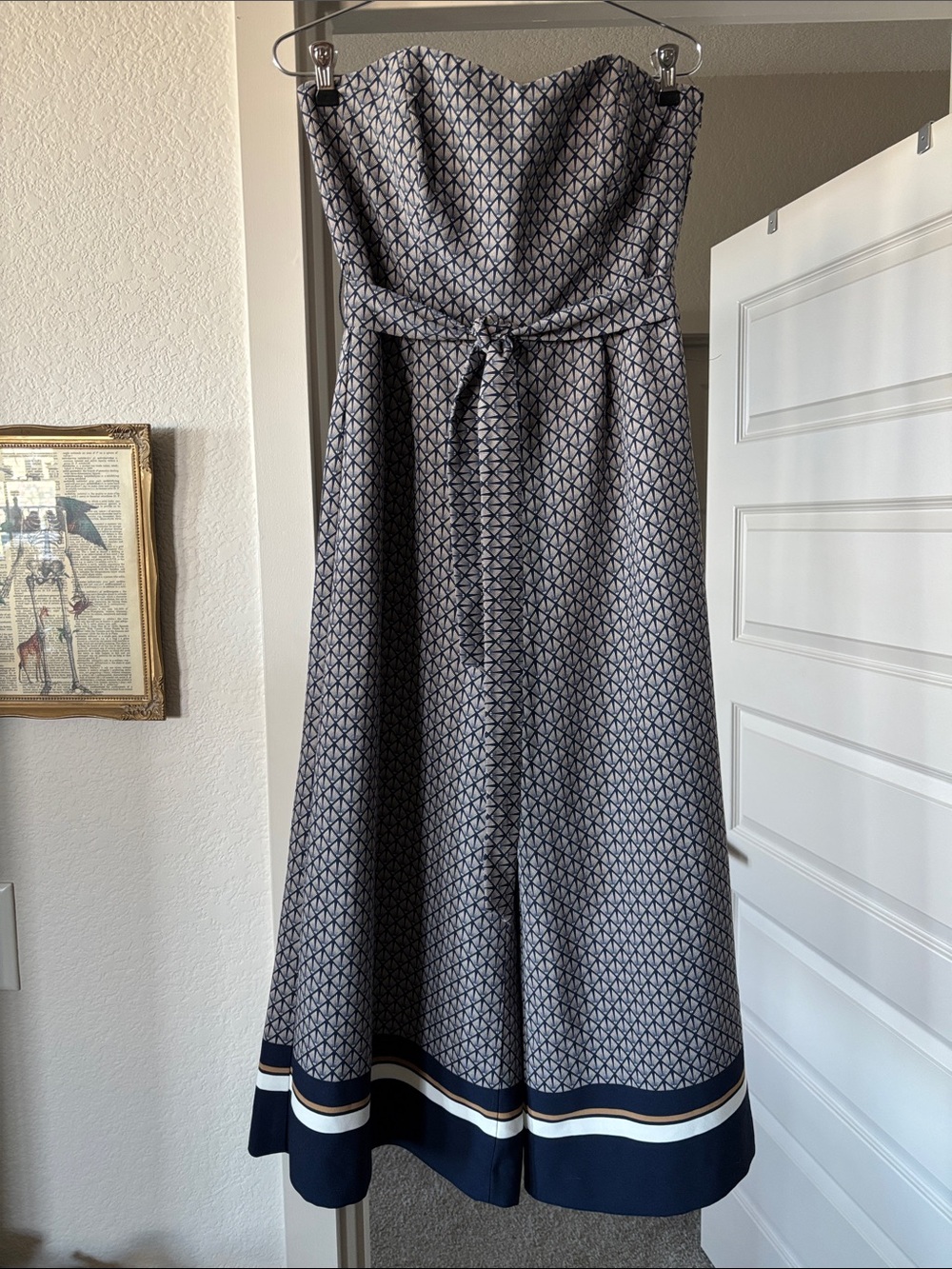 H &M Strapless Navy,Beige & White Patterned Jumpsuit